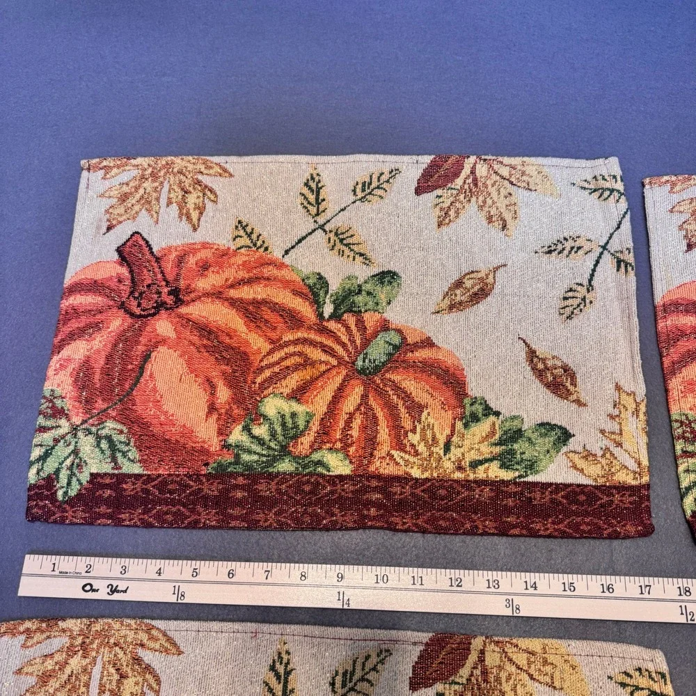 4 Fabric Fall Harvest Placemats Gold Metallic Shimmer Pumpkins Thanksgiving READ